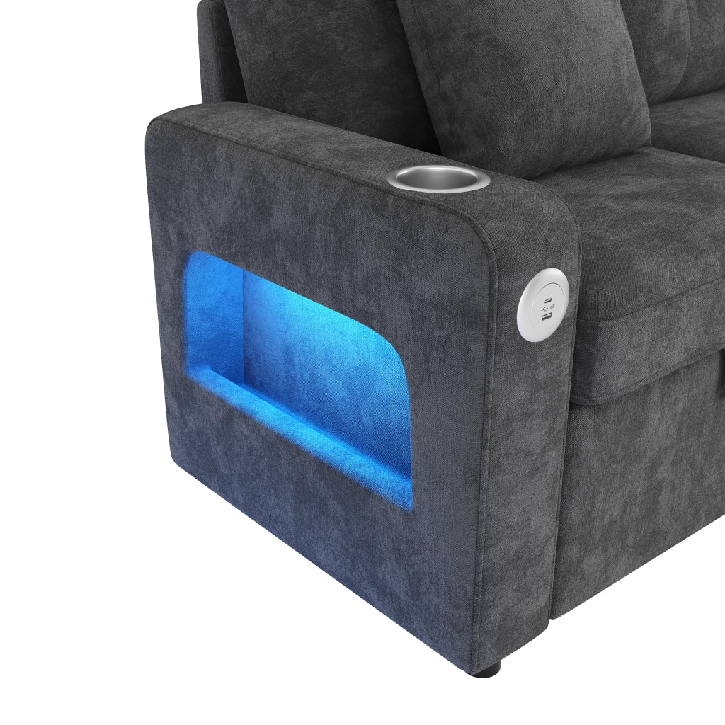 Divano letto 2 posti estraibile con USB Type-C; LED e braccioli con vano; grigio