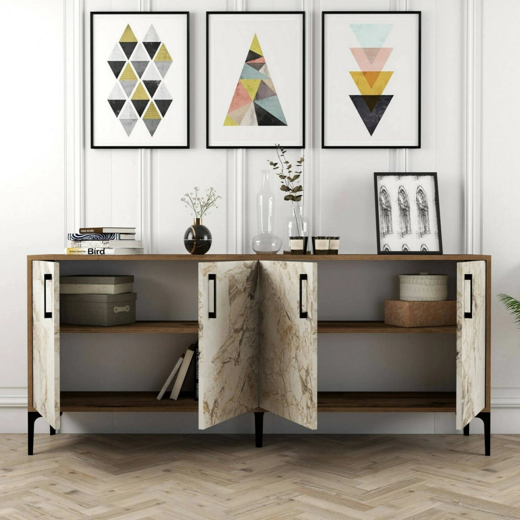 Credenza Agape, Buffet da soggiorno, Madia da salotto, Dispensa da cucina, 180x35h78 cm, Noce e Bianco Marmo