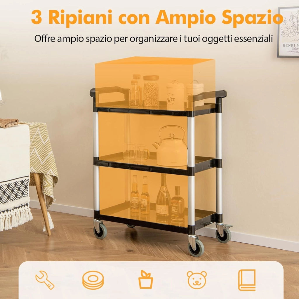 Carrello Portautensili Attrezzi a 3 Livelli, Carrello di Servizio da Officino con Rutoe Bloccabili, Doppie Maniglie e Struttura Robusta in Alluminio, Portata 225kg, per Magazzino e Cucina