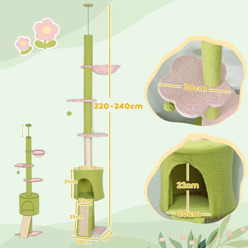 Albero tiragraffi per gatti 5 livelli altezza regolabile 220-240 cm ¨C zephmum ¨C verde