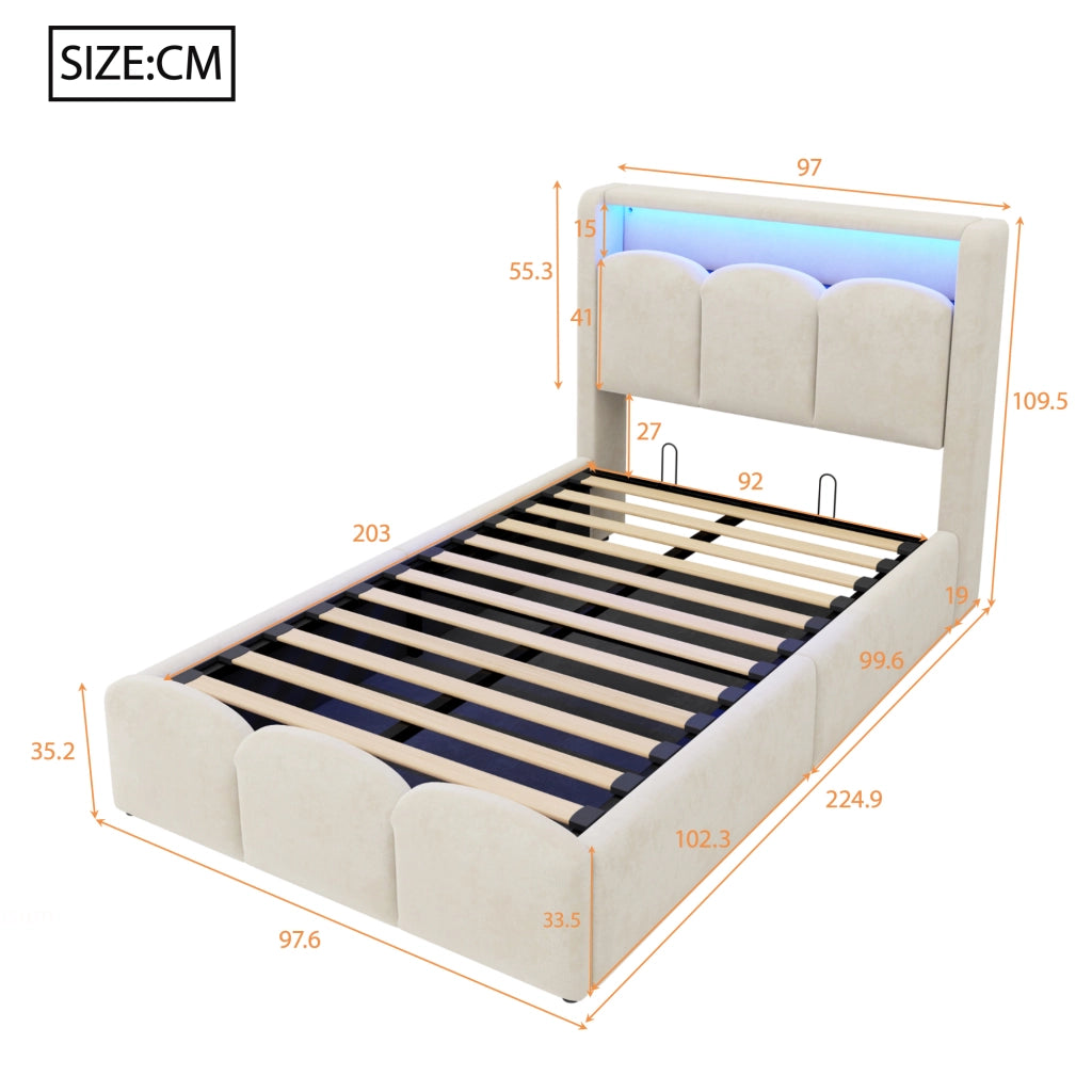 Letto singolo imbottito 90 × 200 cm con vano idraulico, LED, USB e Type-C, senza materasso, beige
