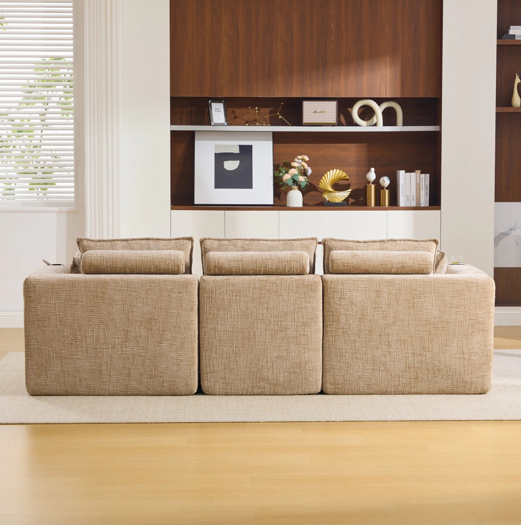 Divano modulare con pouf; cuscini e tasche laterali; chenille khaki; 256x161x75 cm