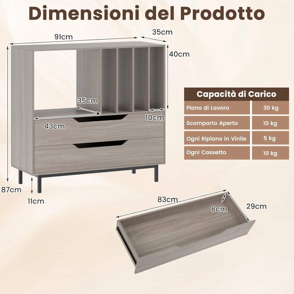 Supporto per Giradischi, Porta Dischi Vinile con 4 Ripiani per Vinili e 2 Cassetti, Armadio per Dischi Fino a 250 Album, per Soggiorno, Studio e Camera da Letto, 91 x 35 x 87 cm (Grigio)