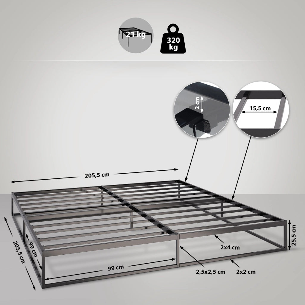 Letto in metallo Scala nero,200x200x25 cm