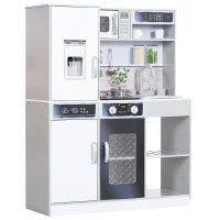 Set Cucina Giocattolo in Legno con Fornello, Luci e Suoni, Lavello con Circolo d'Acqua e Accessori, Bianco