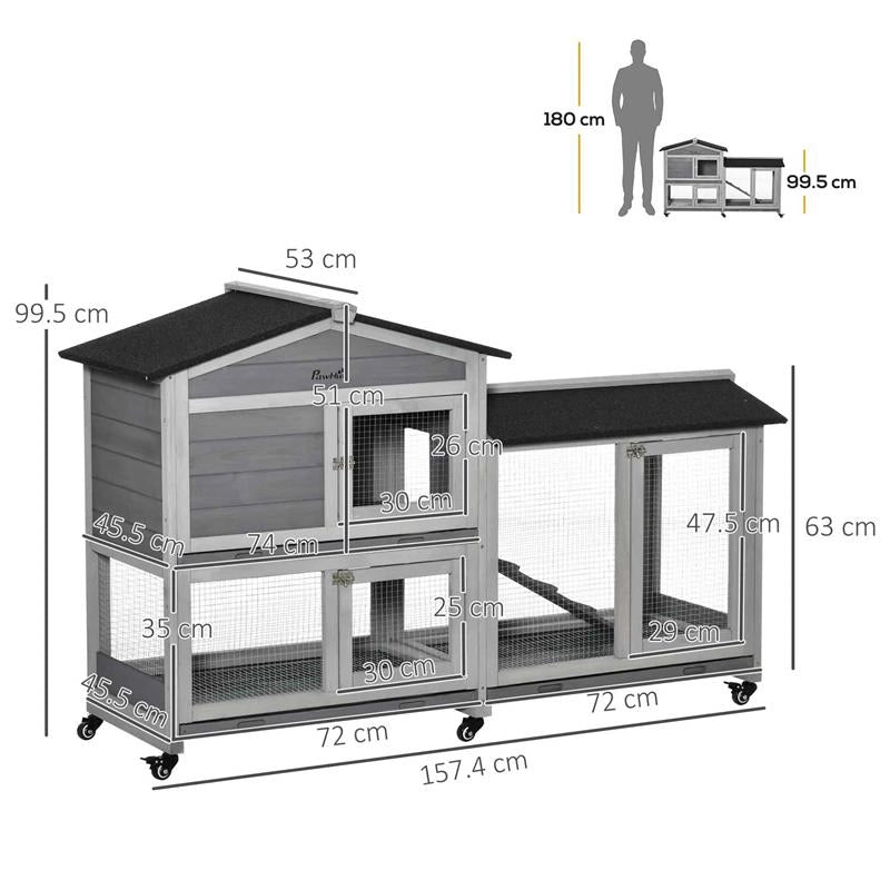 CONIGLIERA A 2 LIVELLI CON RETE PROTETTIVA E ROTELLE IN LEGNO E METALLO 157.4X53X99.5 CM GRIGIO