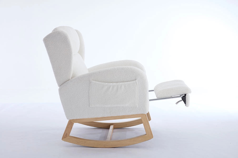 Sedia a dondolo allattamento - Xylo - Struttura in legno, tessuto Teddy, poche, bianco