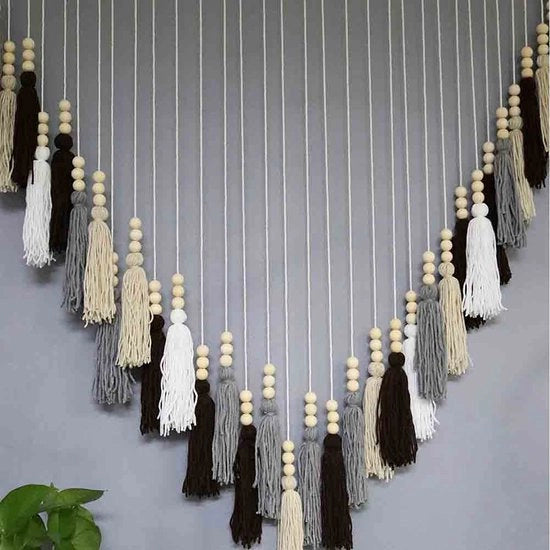 Decorazione per parete in legno con cime macramé naturali, stile bohemien, tappeto da parete macramé, decorazione di matrimonio (marrone)