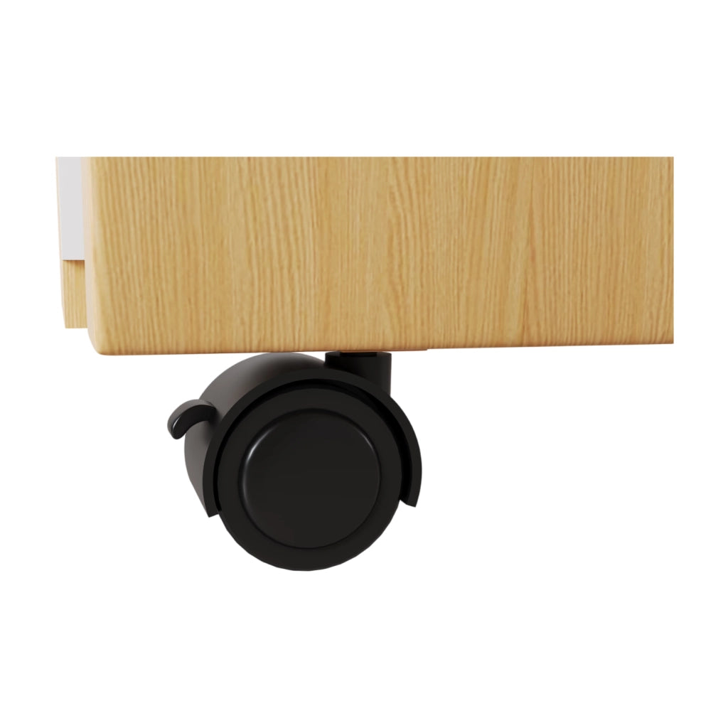 Scrivania pieghevole 120x50x76.5 cm girevole a 360°; con ruote frenanti in truciolare naturale e bianco