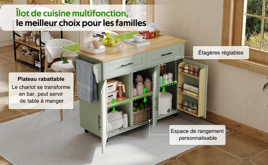 Carrello cucina con piano ribaltabile 129x71x91,5 cm verde antico, 2 cassetti, 3 vani, ruote e piedini