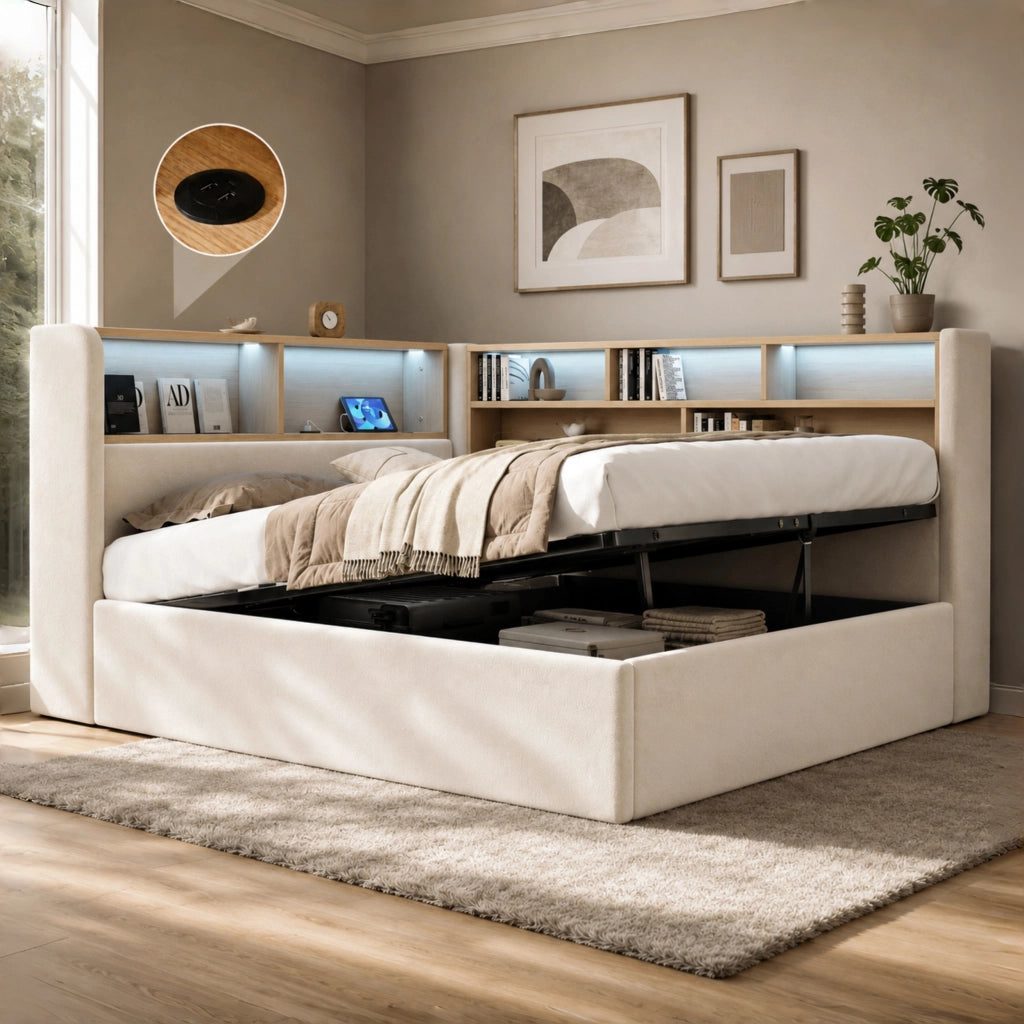 Daybed con contenitore idraulico, LED e USB, 140x200 cm, velluto beige