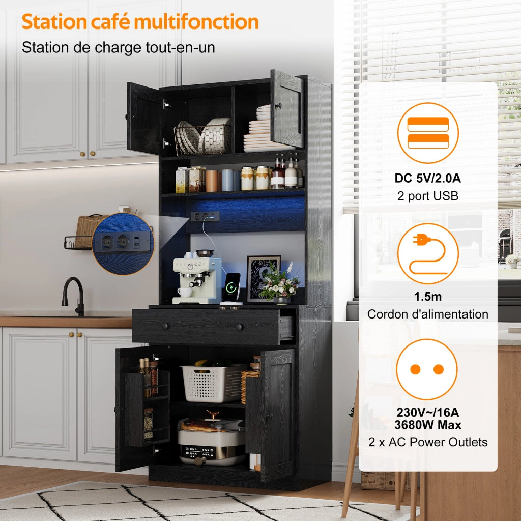 Dispensa alta con ripiani in MDF con LED RGB prese AC e USB grande cassetto nera per cucina 72 × 40 × 180 cm