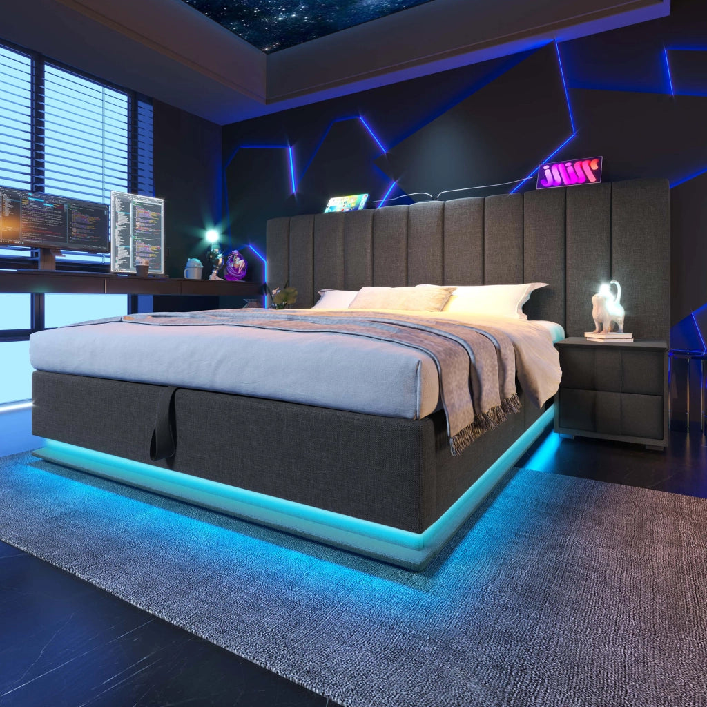 LETTO Contenitore 160x200 cm Grigio in Lino con LED e porte USB