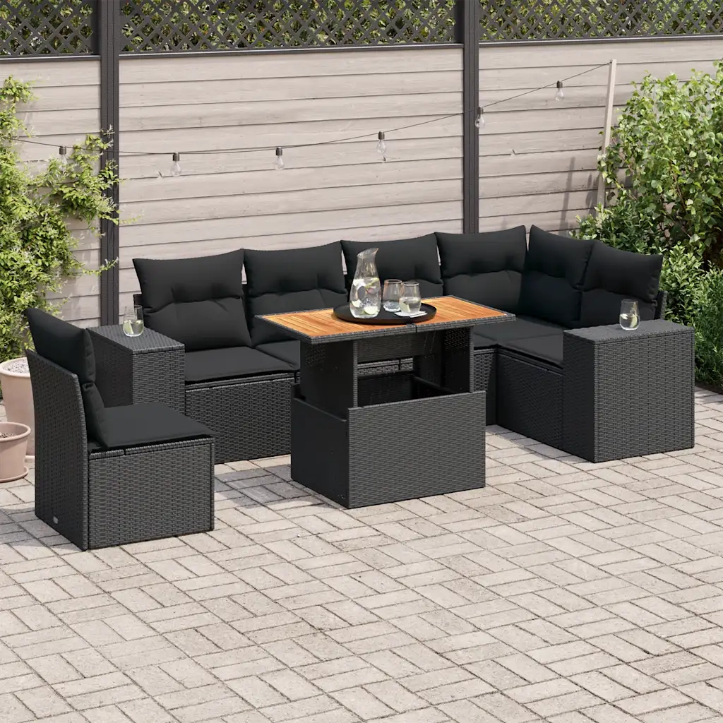 Set Divani da Giardino con Cuscini 7pz Nero Polyrattan