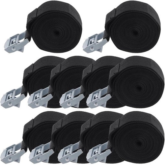 Set di 10 cinturoni di fissaggio con chiusura a gomito, 25 mm x 3 m cinturone nero con chiusura a molla, cinturone di fissaggio regolabile per trasporto, stoccaggio