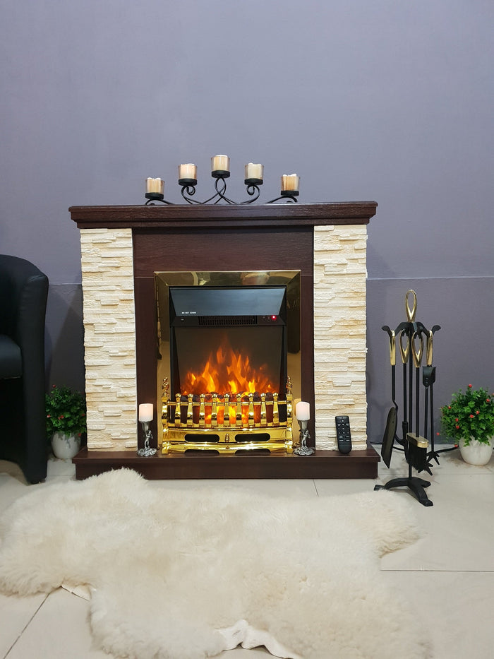Camino Elettrico da Pavimento 90,3x98x30 cm Effetto Fiamma 2000W Rock & Galileo Gold Noce