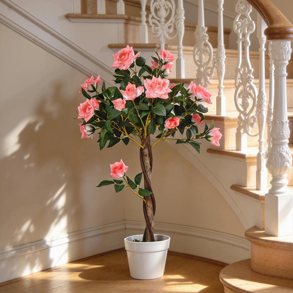 Pianta Finta di Rosa ¨C zephmum ¨C Vaso in Cemento con Muschio, Rosa, ?18x90 cm