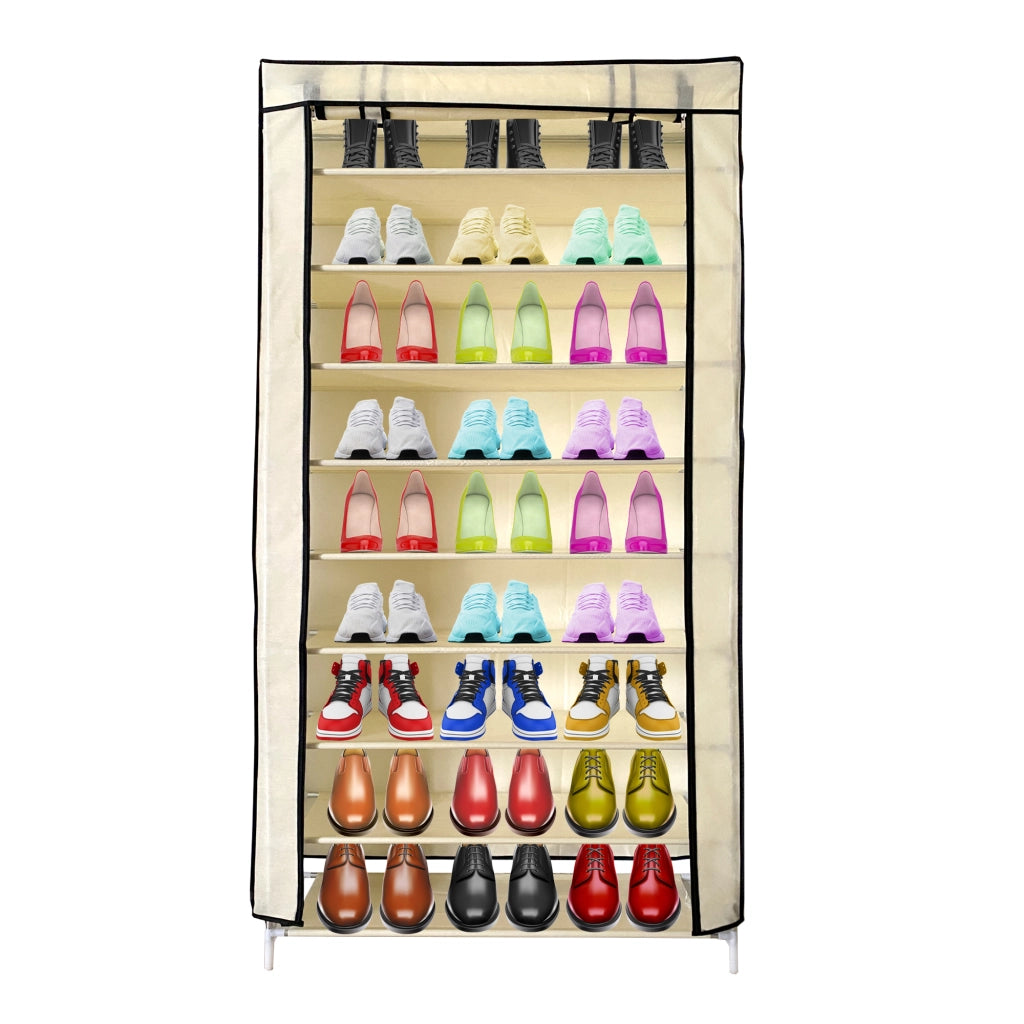 Scarpiera in Tessuto per Scarpe con Anta con Cerniera e Tasche Laterali 160x88x30cm, 27 paia. Beige