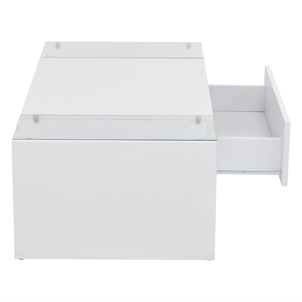 Tavolino da Caff¨¨ con LED e Cassetto ¨C MINIMAL ¨C Vetro Temperato Bianco Lucido 100x50x31