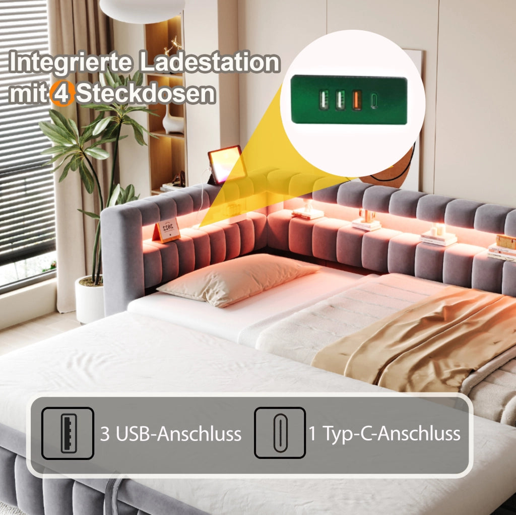 Letto imbottito estraibile 90x200 cm con LED e ricarica USB-C