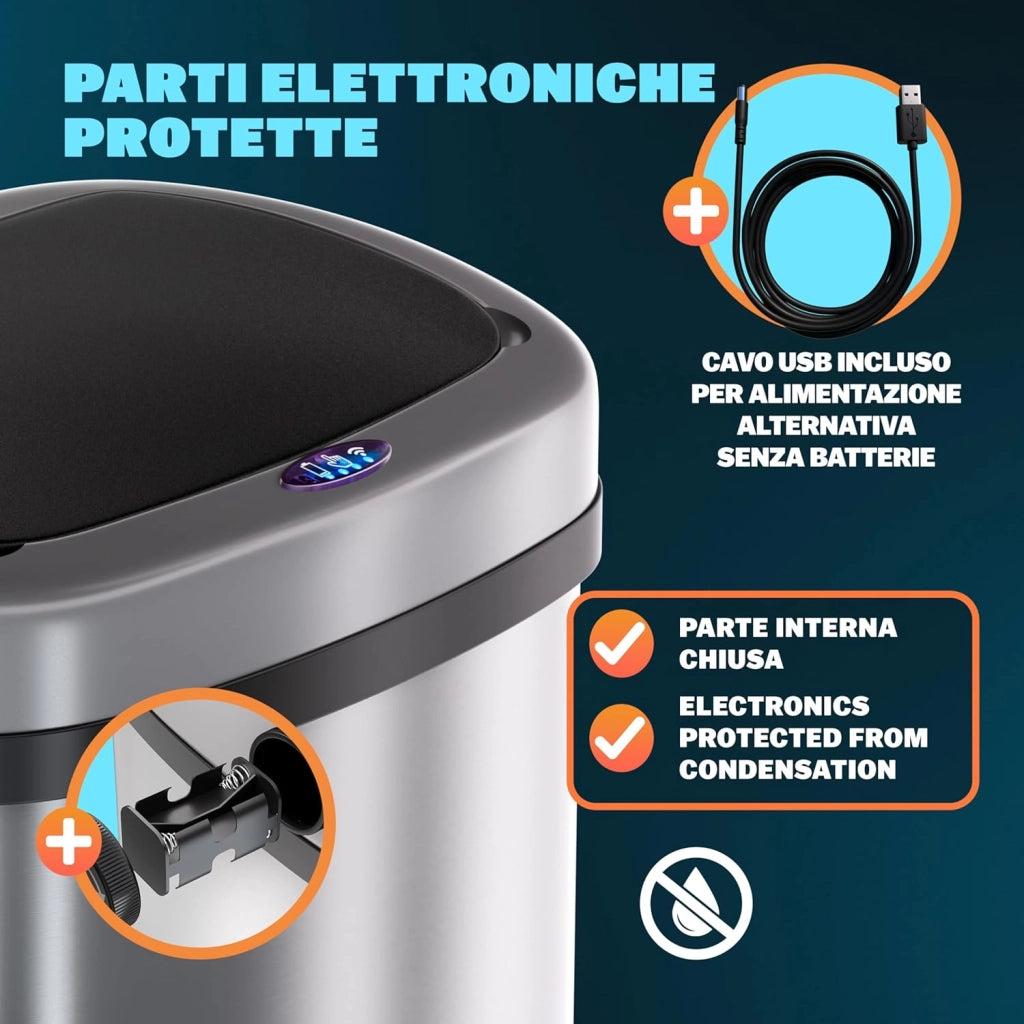® Cestino 58L con Sensore Automatico Movimento Display LED Pattumiera Rifiuti Smart Bidone Intelligente Cavo USB