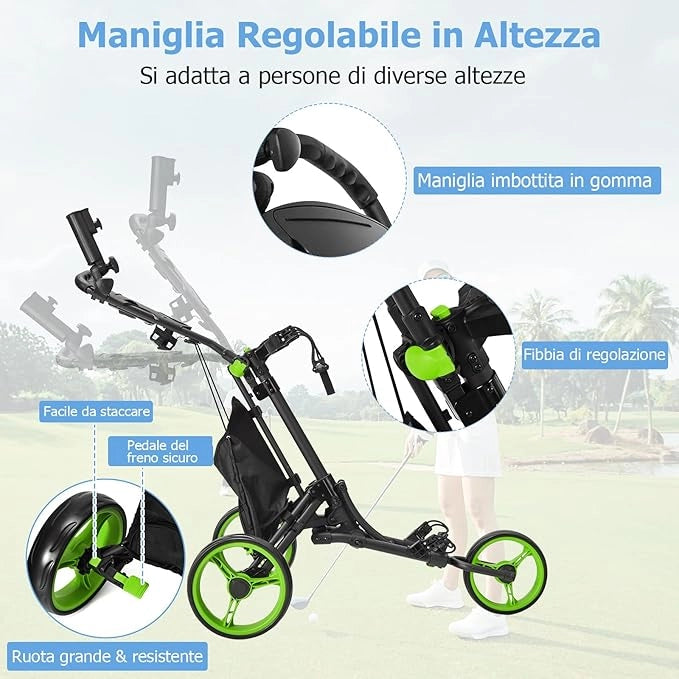 Carrello da Golf Pieghevole con 3 Ruote, Struttura in Alluminio, Cinghia Elastica, Portaombrello Regolabile e Porta Bicchiere, Segnapunti e Freno a Pedale