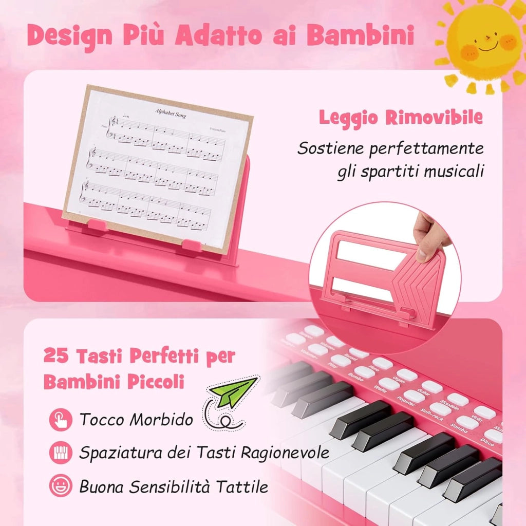 Pianoforte Digitale Bambini a 25 Tasti con Luci, Pianola Elettrica con 6 Toni, 15 Demo e 8 Percussioni, Set Tastiera Musicale con Sgabello e Leggio Rimovibile, per Bambini 3+ Anni (Rosa)
