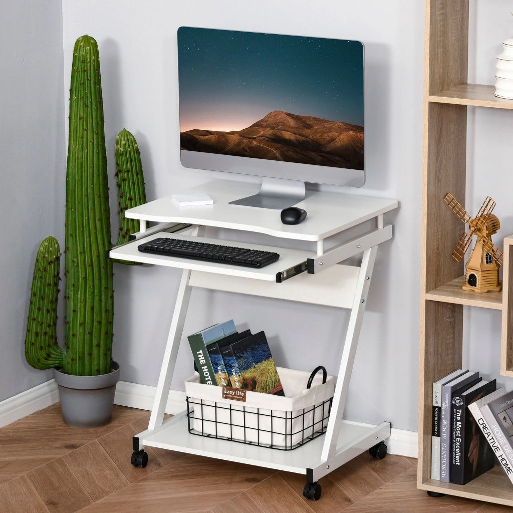 Scrivania Computer con Ruote ¨C Xylo ¨C Bianco con Ripiano Tastiera e Scaffale