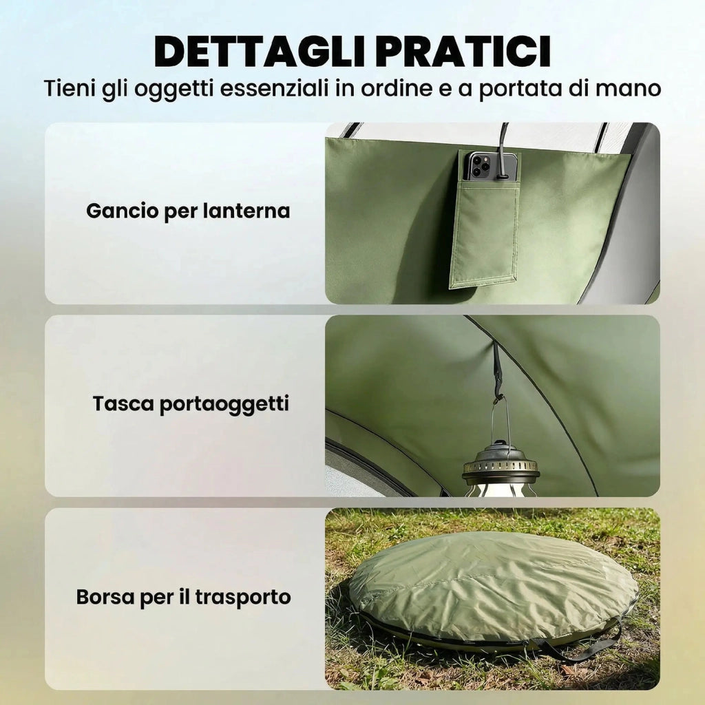 Tenda da Campeggio Pop-Up per 2-3 Persone 265x220x115 cm 2 Porte 2 Finestre Impermeabile in Poliestere Verde