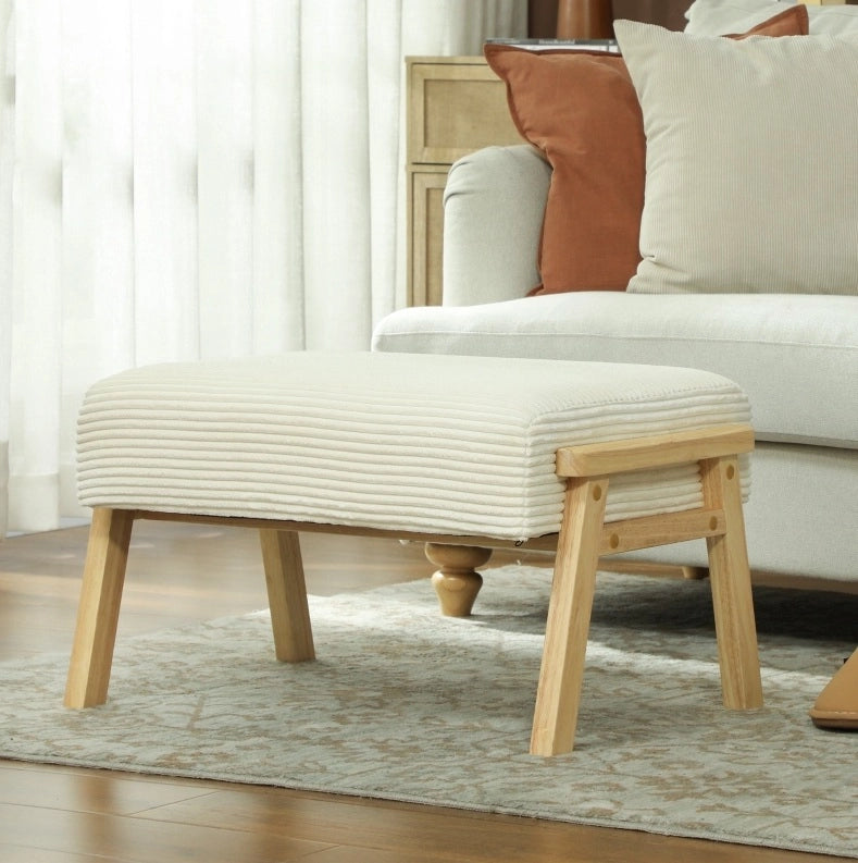 Pouf con Cuscino Morbido in Velluto a Coste Crema con Gambe in Legno di Gummo 70x46x40 cm