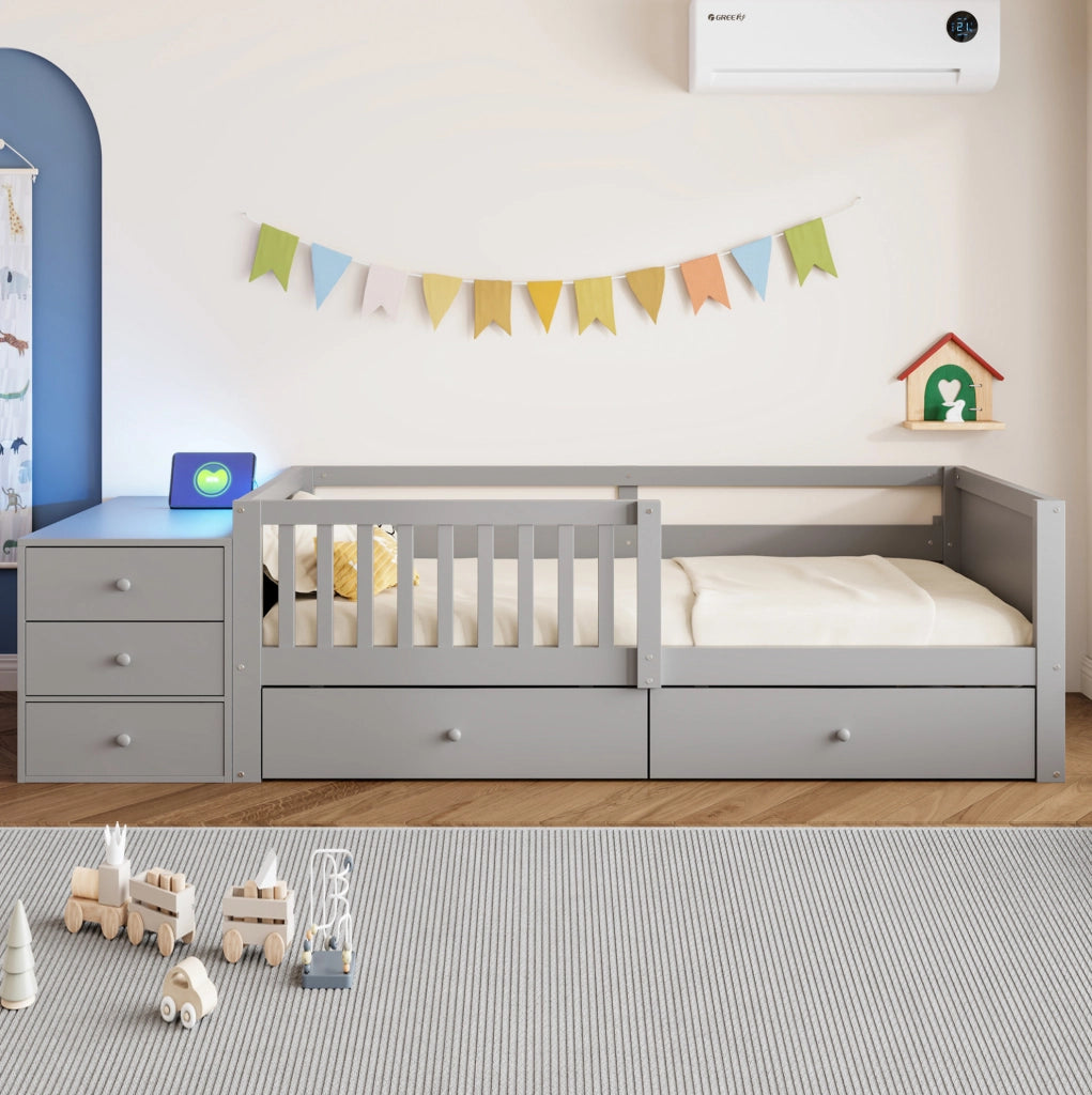 Letto a soppalco 90 x 200 cm con contenitore indipendente; presa integrata e LED; grigio