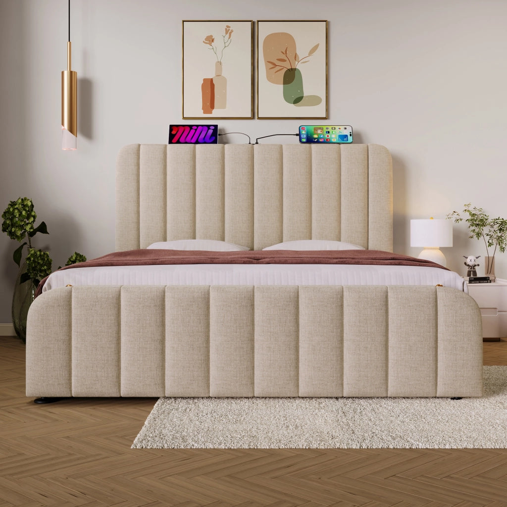 LETTO matrimoniale contenitore 140x200 cm beige in lino con USB e Type-C
