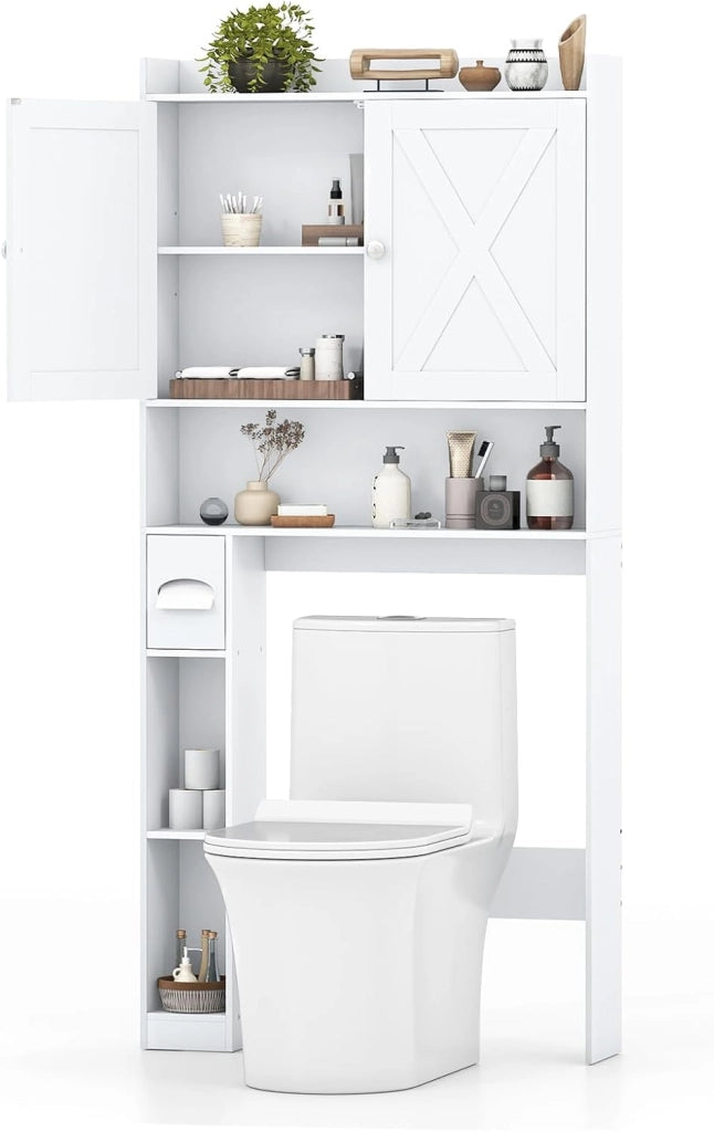 Armadietto per WC da bagno, con 2 ante a battente, ripiani regolabili e scomparti per carta igienica, salvaspazio per WC sopra WC, 81,5 x 19,5 x 172,5 cm (bianco)