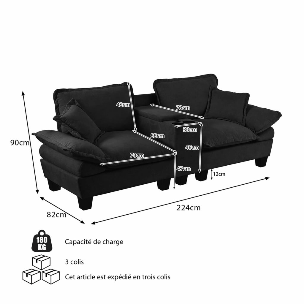 Scaffale modulare con braccioli rimovibili, porta bicchieri, vani portaoggetti e porte USB, in chenille nero 224 × 82 × 90 cm