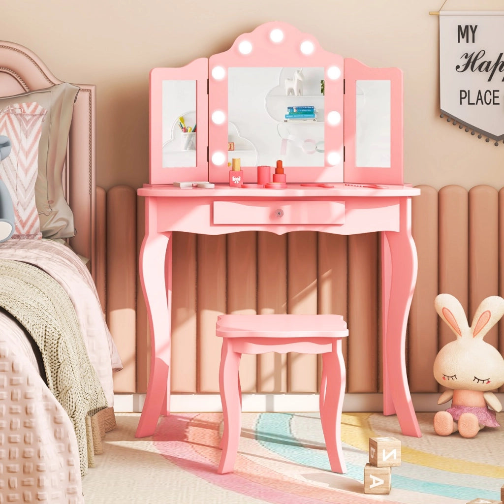 Set tavolo da trucco per bambini con sgabello, Set tavolo vanity principessa con specchio a tre pieghe in vetro Rosa-Toelette per bimbi