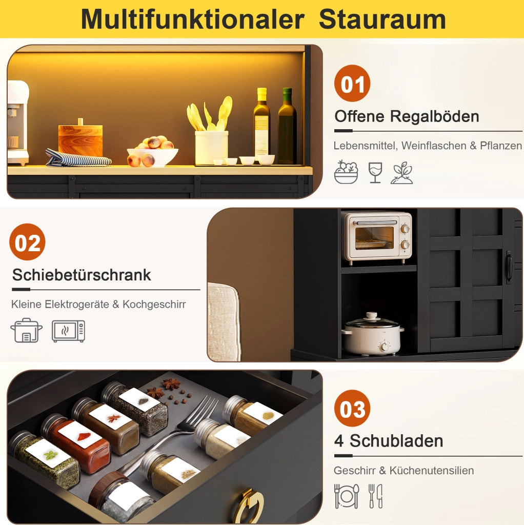 Mobile bar da cucina 120x40x150 cm con LED RGB; prese USB; 4 cassetti in MDF nero