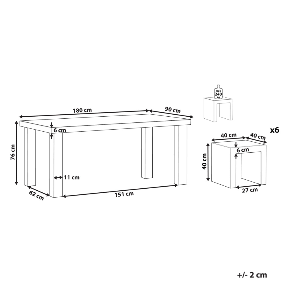 Set da pranzo da giardino Tavolo rettangolare in cemento grigio 6 sgabelli 6 posti resistente all'acqua