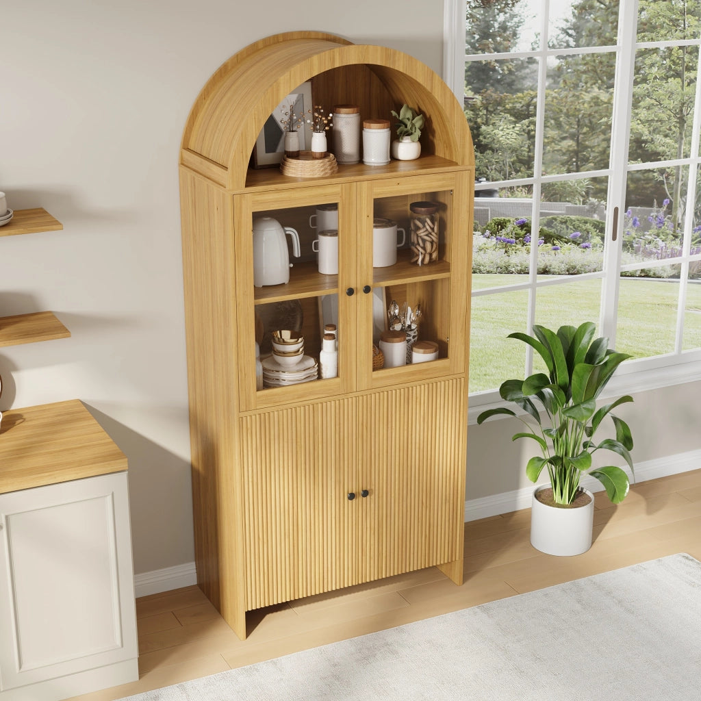 Credenza e madia con vetrina in vetro, spazio aperto e vano chiuso con motivo ondulato, per soggiorno e sala da pranzo, 78 × 40 × 176 cm