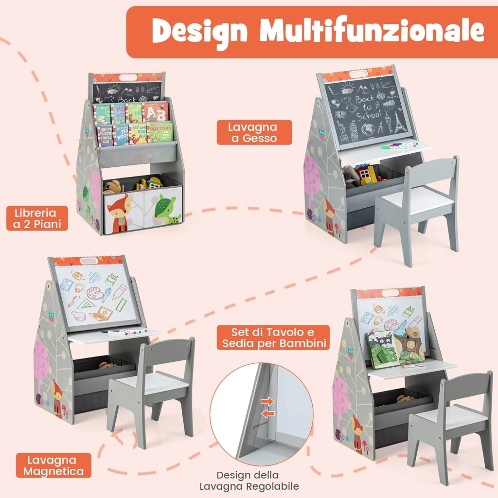 Cavalletto per Bambini Doppio Lato, Set Tavolo e Sedia per Bambini con Lavagna Magnetica e Lavagna Bianca, Contenitore in Tessuto e Libreria(Grigio)