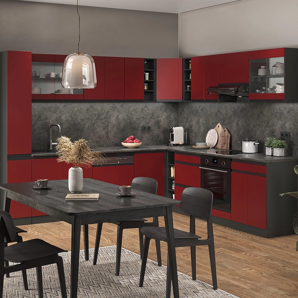 Cucina angolare completa R-Line Rosso/Antracite 277 x 257 cm Forma a J, senza piano di lavoro Vicco