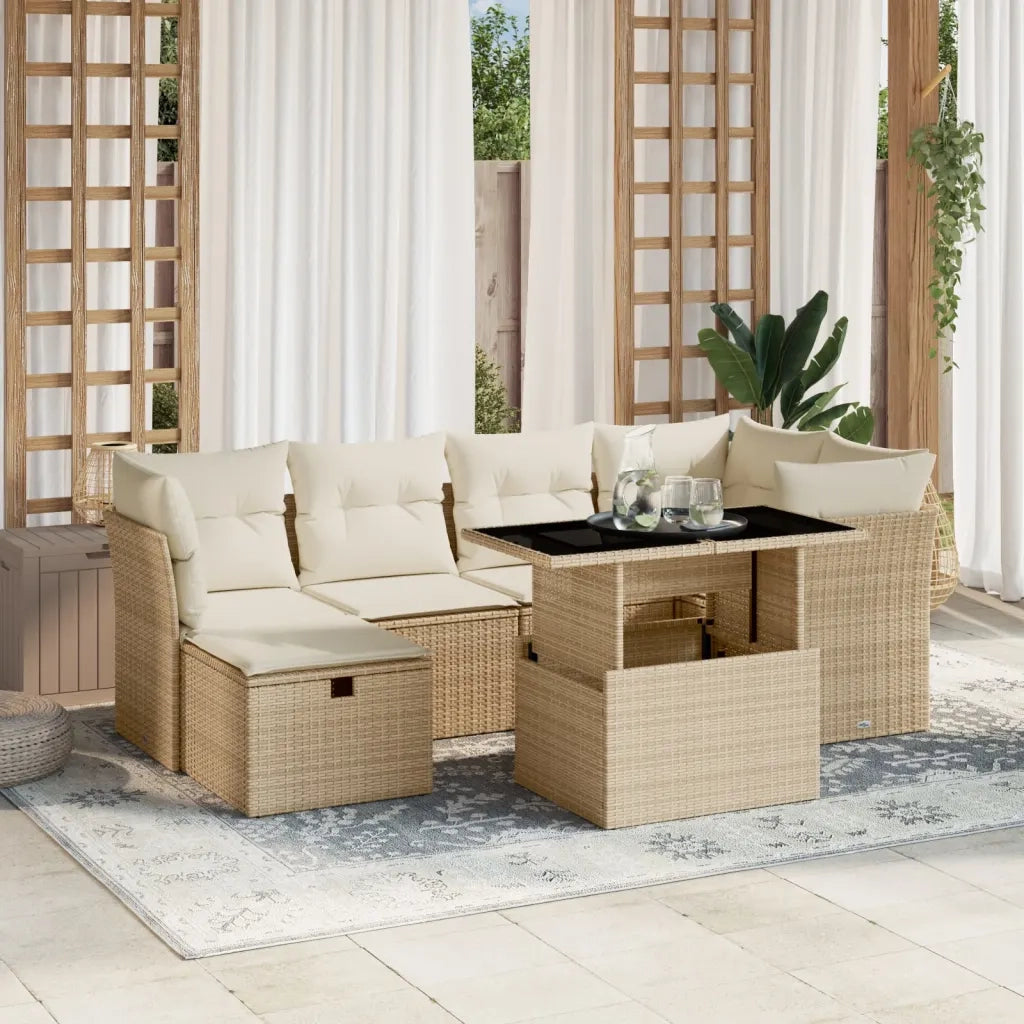 Set Divani da Giardino 7 pz con Cuscini Beige in Polyrattan