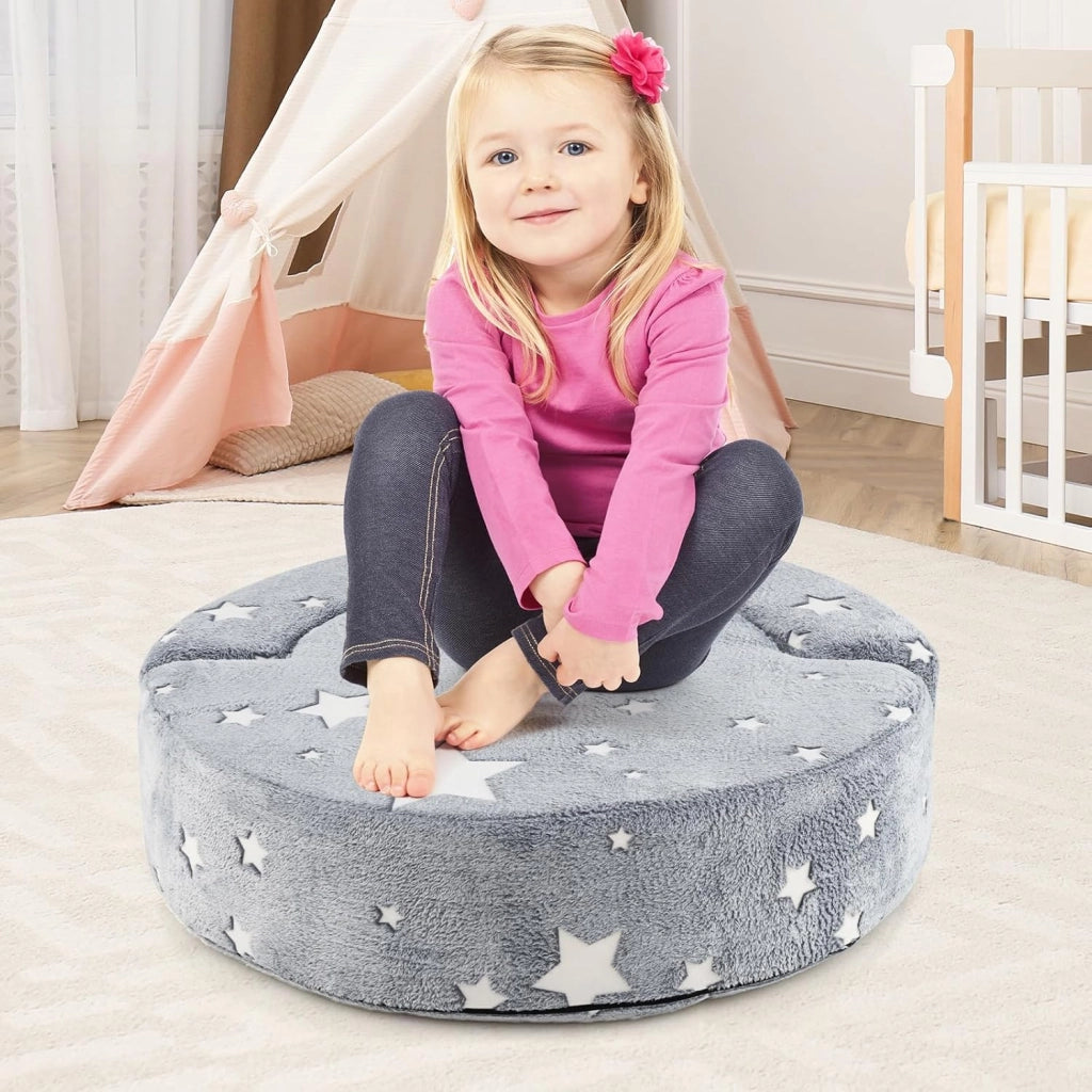 Divano Cuscino per Bambini Pieghevole 2 in 1, Poltrona Schienale Pieghevole per Bambini con Motivi Luminosi nel Buio, Divano Pieghevole per Camera da Letto e Soggiorno (Stella grigio)