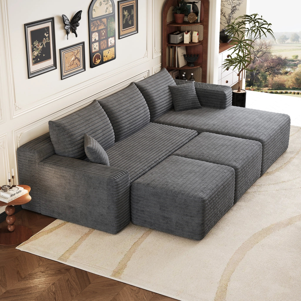 Divano angolare modulare 3 posti - in tessuto corduroy effetto velluto - grigio scuro