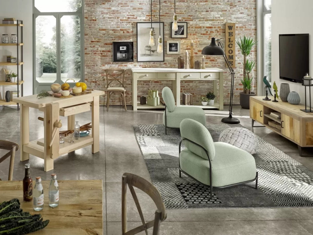 Bancone 4 cassetti 1 ripiano shabby grigio in legno massello 200x50x90 - Mobili 2G