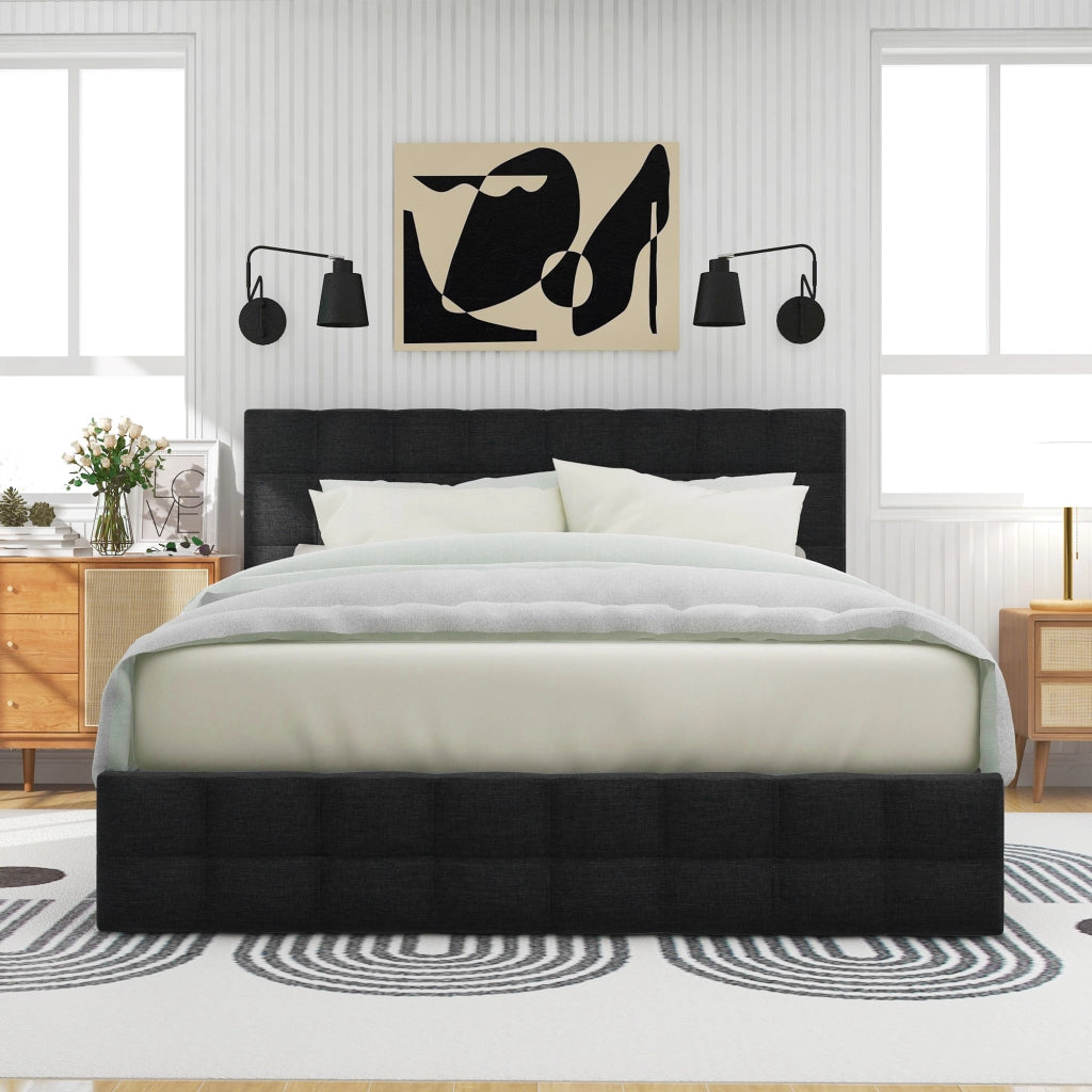 OKWISH Letto con Cassetti 140×200 cm, Letto Matrimoniale con 4 Cassetti, Testiera Regolabile e Contenitore, senza Materasso, in Lino, Nero
