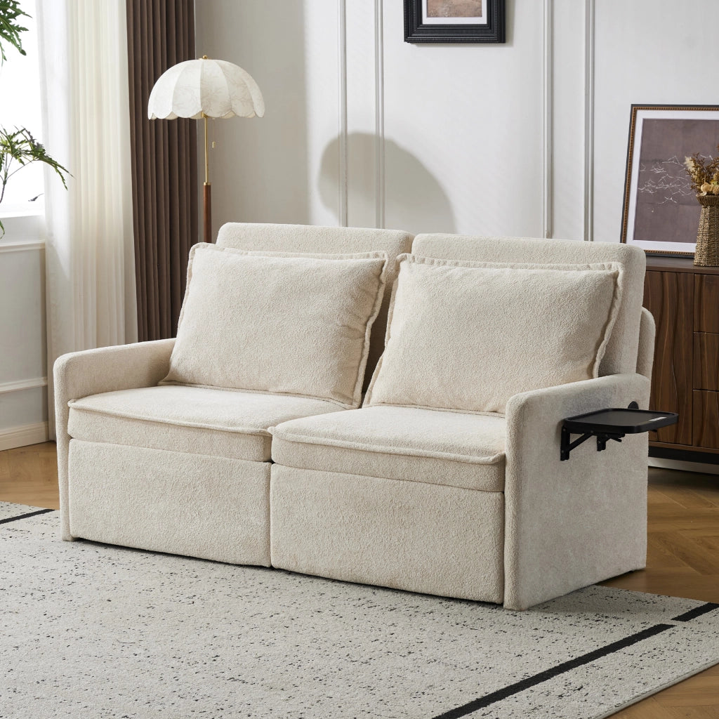 Divano letto con schienale a 5 posizioni, tasche laterali e porta USB/Type-C, in ciniglia beige
