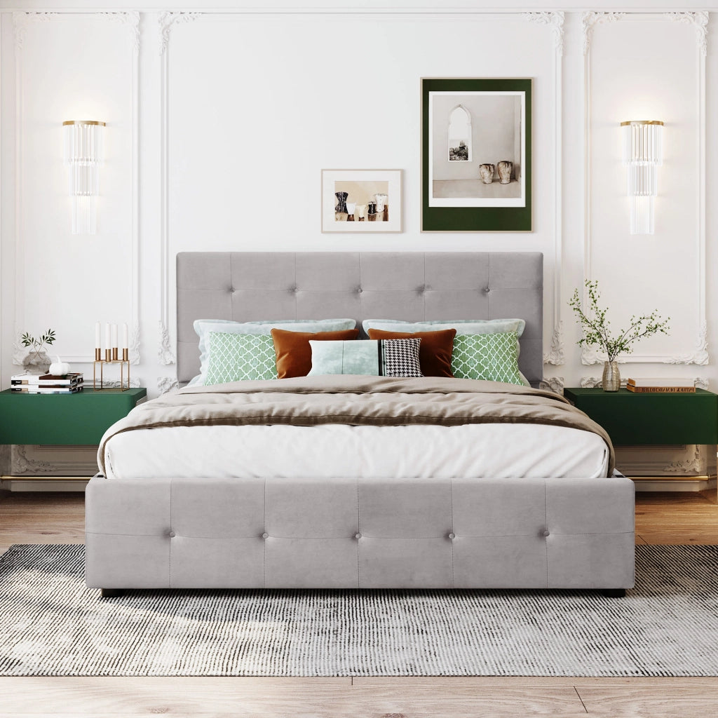 Letto con Cassetti; Contenitore - 4 Cassetti; Struttura in Acciaio e Tessuto - Grigio