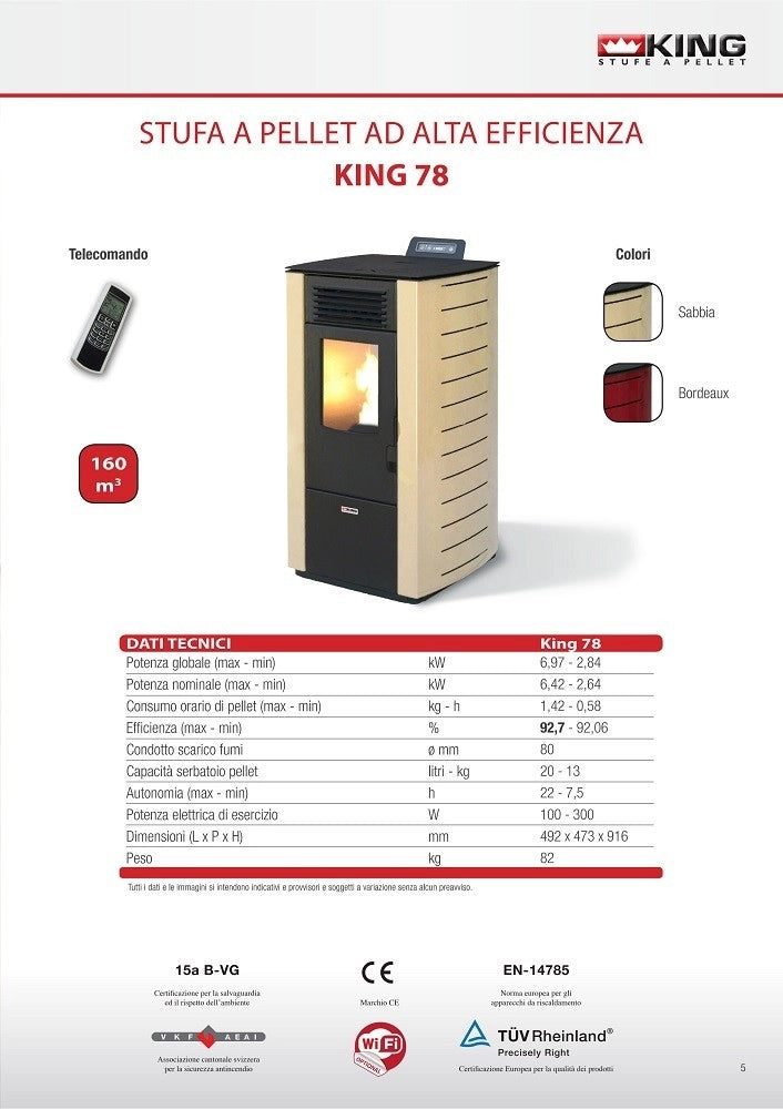 STUFA A PELLET 7 KW CON TELECOMANDO KING 78 COLORE BORDEAUX MADE ITALY