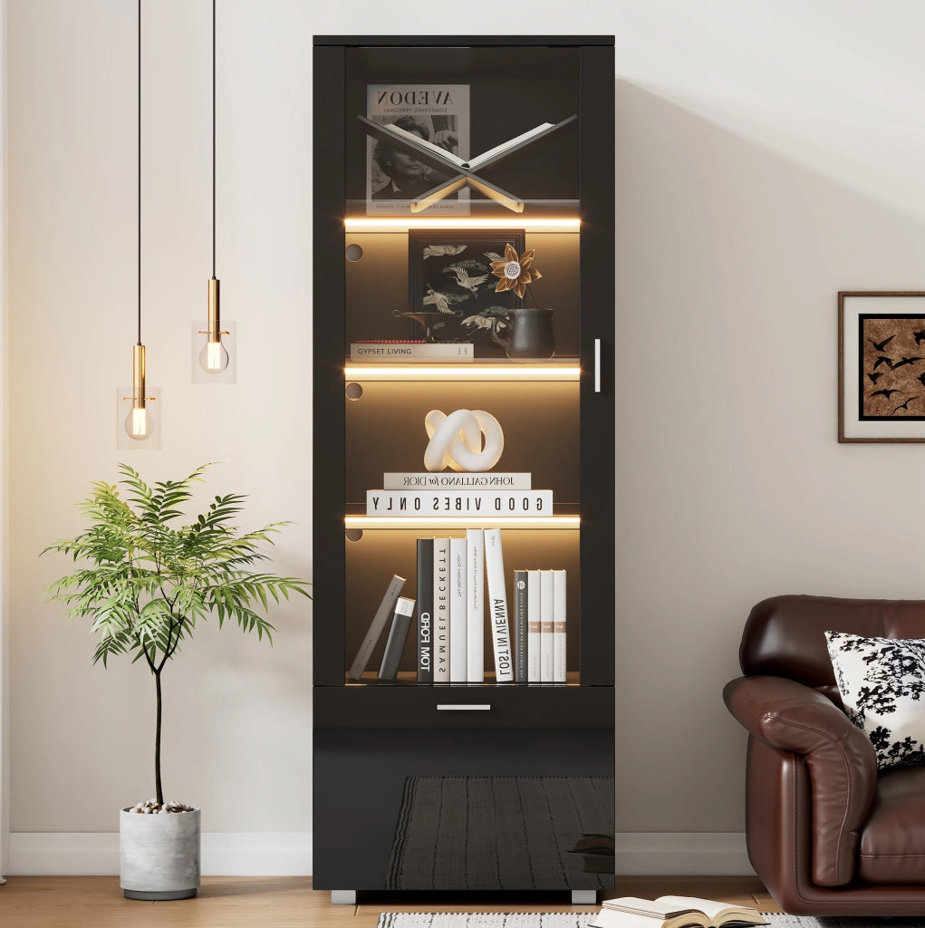 Vetrina alta nera lucida 40x50x160 cm con LED; ante in acrilico e ripiani in vetro temperato