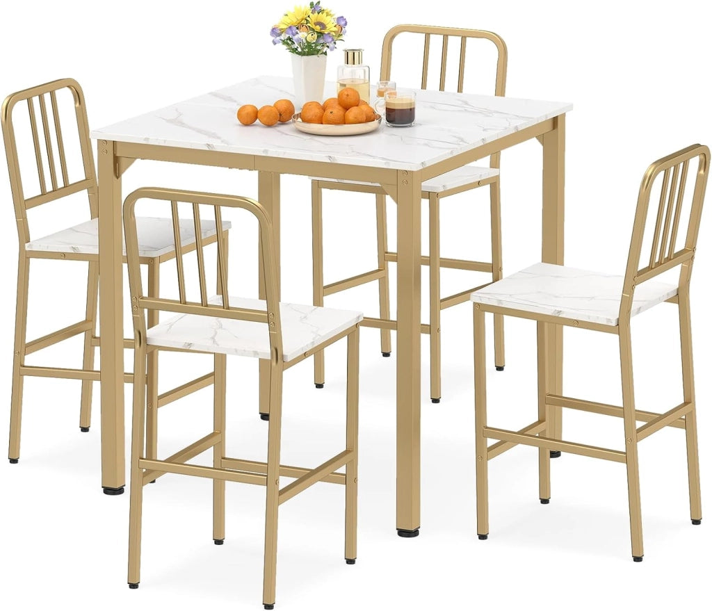 Set da Pranzo per 4 Persone, Set Cucina Bar 5 Pezzi con Superficie in Finto Marmo, Tavolo Quadrato in Legno e 4 Sgabelli Alti per Angolo Colazione e Sala da Pranzo (Bianco)